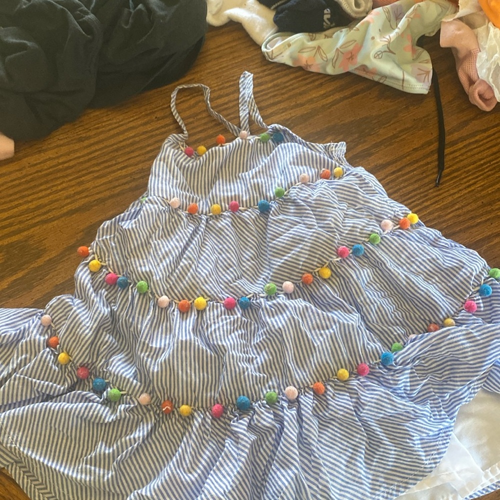 2Tstripped toddler girl dress with little colorful puffs